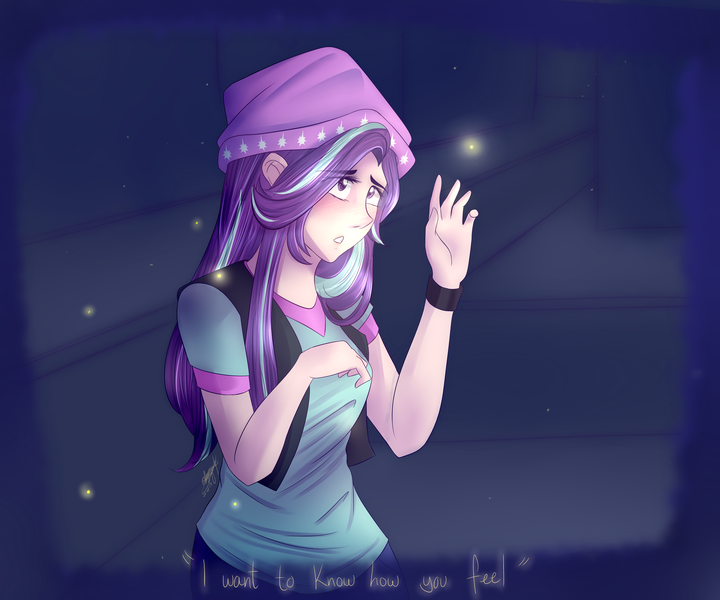 Size: 3000x2500 | Tagged: safe, artist:rmariansj, derpibooru import, starlight glimmer, human, equestria girls, mirror magic, spoiler:eqg specials, beanie, clothes, eye clipping through hair, eyebrows visible through hair, female, hat, humanized, sad, shirt, solo, vest