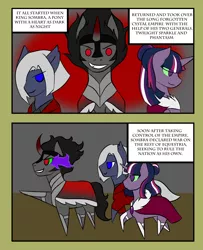 Size: 2600x3200 | Tagged: safe, artist:jolliapplegirl, derpibooru import, king sombra, twilight sparkle, oc, oc:phantasm, bat pony, pony, unicorn, comic:dusk rebellion, dark star au, alternate timeline, alternate universe, bat pony oc, bat wings, chibi, clothes, comic, crystal war timeline, dialogue, green sclera, no pupils, pointy ponies, sharp teeth, sombra eyes, teeth, wings