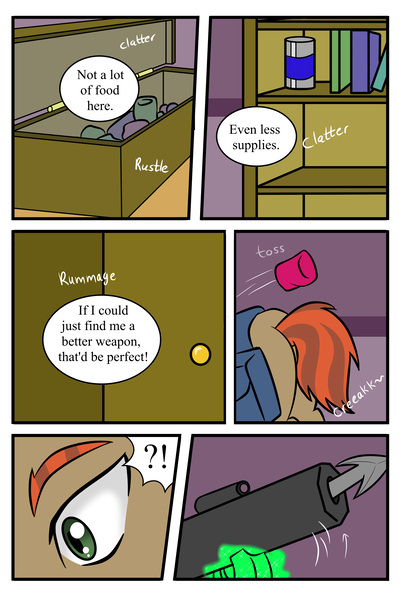 Size: 2022x3038 | Tagged: safe, artist:jolliapplegirl, derpibooru import, oc, oc:copper wheel, pony, unicorn, comic:dusk rebellion, dark star au, alternate timeline, alternate universe, book, comic, crystal war timeline, dialogue, harpoon gun, solo