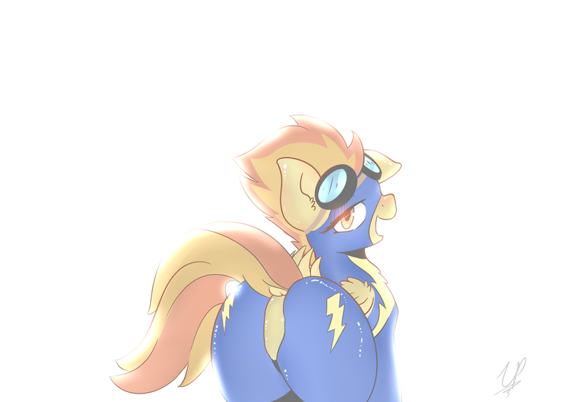 Size: 3508x2480 | Tagged: safe, artist:undreamed panic, derpibooru import, spitfire, pegasus, pony, wonderbolts academy, butt, clothes, firebutt, goggles, looking at you, looking back, looking back at you, my little pony, plot, ponytail, solo, suit, uniform, wonderbolts uniform