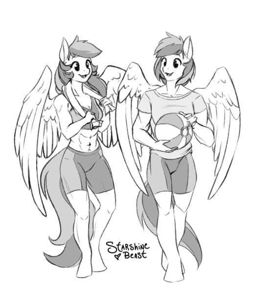 Size: 3300x3813 | Tagged: abs, anthro, anthro oc, artist:starshinebeast, brother and sister, clothes, derpibooru import, fangs, female, hooves, male, mare, medicine ball, oc, oc:umami stale, oc:uma stale, pegasus, safe, shirt, shorts, siblings, skintight clothes, sports bra, sports shorts, stallion, towel, t-shirt, twins, unguligrade anthro, unofficial characters only, wings