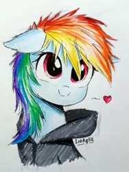 Size: 1983x2644 | Tagged: safe, artist:liaaqila, derpibooru import, rainbow dash, pony, bust, clothes, cute, dashabetes, female, floppy ears, hoodie, mare, messy mane, portrait, smiling, solo, traditional art