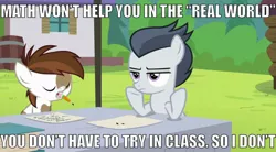 Size: 1024x565 | Tagged: safe, derpibooru import, edit, edited screencap, screencap, pipsqueak, rumble, earth pony, pegasus, pony, marks and recreation, barrel, caption, colt, duo, eyes closed, foal, image macro, impact font, male, meme, mouth hold, pencil, pinto, shitposting, text