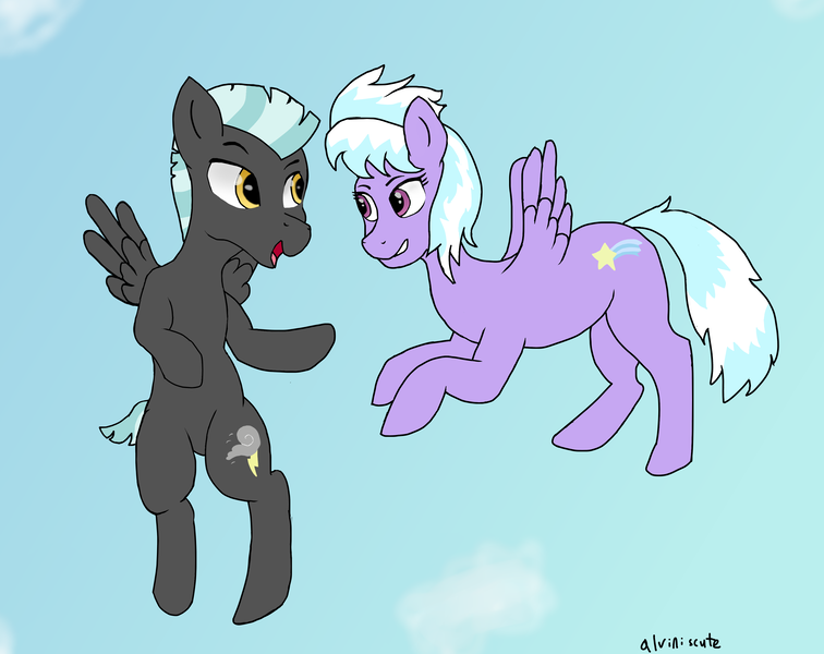 Size: 3699x2937 | Tagged: safe, artist:alviniscute, derpibooru import, cloudchaser, thunderlane, pony, cloud, female, flying, high res, male, shipping, sky, straight, thunderchaser, wings