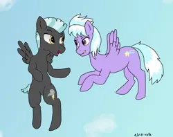 Size: 3699x2937 | Tagged: safe, artist:alviniscute, derpibooru import, cloudchaser, thunderlane, pony, cloud, female, flying, high res, male, shipping, sky, straight, thunderchaser, wings