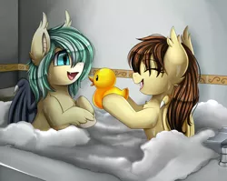 Size: 2950x2350 | Tagged: safe, artist:pridark, derpibooru import, oc, oc:icy breeze, oc:noctalia, unofficial characters only, bat pony, pony, bat pony oc, bat wings, bath, bathing, bathing together, bathroom, bathtub, commission, cute, duo, eyes closed, female, hair over one eye, mare, ocbetes, open mouth, rubber duck, smiling, toy, water, wings