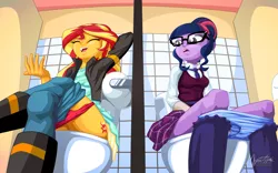 Size: 2560x1600 | Tagged: suggestive, artist:mysticalpha, derpibooru import, sci-twi, sunset shimmer, twilight sparkle, equestria girls, bathroom, blue underwear, breasts, but why, clothes, cutie mark on human, implied pooping, panties, panties around legs, panties pulled down, panty and stocking with garterbelt, potty time, red underwear, reference, talking, toilet, underwear