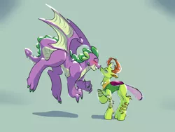 Size: 5000x3750 | Tagged: artist:heyerika, blushing, changedling, changeling, changeling king, colored claws, derpibooru import, dragon, duo, eyes closed, gay, green background, king thorax, male, older, older spike, quadrupedal spike, safe, shipping, simple background, spike, thorax, thoraxspike, winged spike