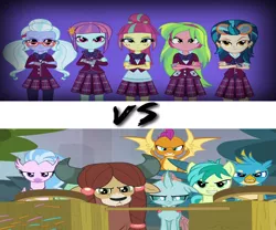 Size: 1200x1000 | Tagged: safe, derpibooru import, screencap, gallus, indigo zap, lemon zest, ocellus, sandbar, silverstream, smolder, sour sweet, sugarcoat, sunny flare, yona, equestria girls, friendship games, school daze, clothes, crossed arms, crystal prep academy uniform, crystal prep shadowbolts, game face, its about to go down, school uniform, shadow five, shadowbolt comments, student six, this will end in pain, this will end in tears, unleash the magic, versus, vs