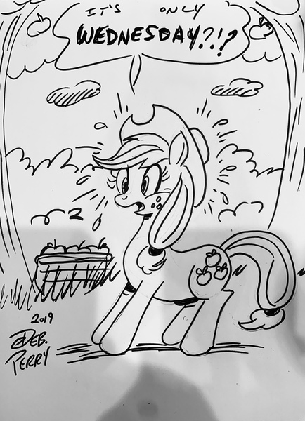 Size: 2825x3909 | Tagged: safe, artist:debmervin, derpibooru import, applejack, earth pony, pony, monochrome, realization, solo, traditional art