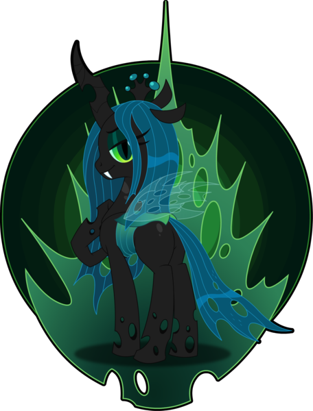 Size: 1521x2000 | Tagged: safe, artist:doctor-g, derpibooru import, queen chrysalis, changeling, changeling queen, bedroom eyes, bugbutt, butt, female, plot, pointing at self, raised hoof, smiling, solo