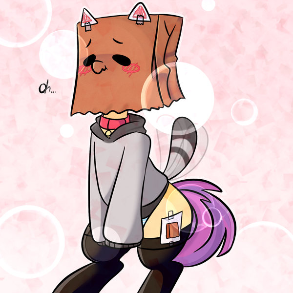 Size: 2000x2000 | Tagged: suggestive, artist:thieftea, derpibooru import, oc, oc:paper bag, earth pony, pony, black socks, blushing, clothes, collar, dialogue, fake cutie mark, fake ears, female, hoodie, paper bag, pink background, simple background, socks, striped underwear, tail wag, underwear