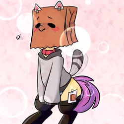 Size: 2000x2000 | Tagged: suggestive, artist:thieftea, derpibooru import, oc, oc:paper bag, earth pony, pony, black socks, blushing, clothes, collar, dialogue, fake cutie mark, fake ears, female, hoodie, paper bag, pink background, simple background, socks, striped underwear, tail wag, underwear