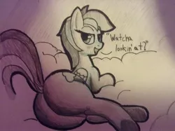 Size: 2592x1936 | Tagged: source needed, safe, artist:infrayellow, derpibooru import, rainbow dash, pegasus, pony, /mlp/, butt, cloud, dialogue, dock, female, mare, monochrome, plot, rainbutt dash, sketch, solo, stupid sexy rainbow dash, traditional art