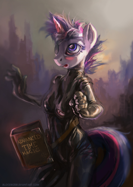 Size: 1000x1401 | Tagged: safe, artist:bloodrizer, artist:trollie trollenberg, derpibooru import, twilight sparkle, anthro, unicorn, belt, bodysuit, book, dystopia, eyepatch, future twilight, headband, latex, latex suit, messy mane, no time to explain, rubber, ruins, solo, time travel