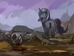 Size: 1000x750 | Tagged: semi-grimdark, artist:bloodrizer, derpibooru import, princess luna, alicorn, human, pony, astronaut, blood, falling, luna and the nauts, missing wing, moon, neil armstrong, on the floor, wingless