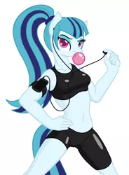 Size: 1388x1889 | Tagged: anthro, armband, artist:camo-pony, belly button, bubblegum, clothes, colored pupils, compression shorts, derpibooru import, earbuds, female, food, gum, music player, safe, simple background, sonata dusk, sports bra, tight clothing, white background
