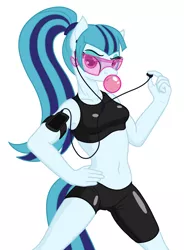 Size: 1388x1889 | Tagged: anthro, armband, artist:camo-pony, belly button, bubblegum, clothes, compression shorts, derpibooru import, earbuds, female, food, gum, midriff, music player, safe, shorts, simple background, sonata dusk, sports bra, sports shorts, sunglasses, tight clothing, white background