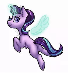 Size: 674x720 | Tagged: safe, artist:magicstarfriends, derpibooru import, starlight glimmer, pony, unicorn, artificial wings, augmented, flying, glowing horn, horn, magic, magic wings, missing cutie mark, simple background, smiling, solo, white background, wings