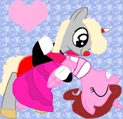 Size: 707x684 | Tagged: safe, artist:katierose45, artist:queenzodiac, derpibooru import, ponified, alicorn, pony, unicorn, alicornified, barely pony related, baroness von bon bon, base used, clothes, crossover, cuphead, cuphead (character), dancing, dress, long sleeve shirt, long sleeves, race swap, shirt, shoes, shorts, studio mdhr