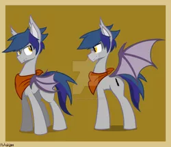 Size: 1024x882 | Tagged: safe, artist:flylash6009, derpibooru import, oc, oc:flylash, bat pony, pony, bat pony oc, bat wings, dark blue hair, fake cutie mark, gray coat, handkerchief, smiling, wings