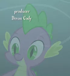 Size: 665x718 | Tagged: credits, derpibooru import, devon cody, dragon, male, reflection, safe, screencap, smiling, solo, spike, text, uprooted, winged spike