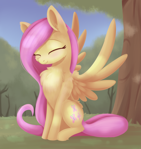 Size: 1512x1596 | Tagged: safe, artist:dusthiel, derpibooru import, fluttershy, pegasus, pony, blushing, butt fluff, cheek fluff, chest fluff, cute, ear fluff, ear tufts, eyes closed, female, grass, hoof fluff, leg fluff, mare, outdoors, pose, scenery, shoulder fluff, shyabetes, sitting, smiling, solo, spread wings, tree, wing fluff, wings