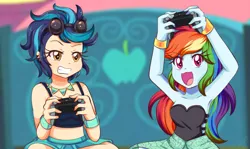 Size: 1380x820 | Tagged: safe, artist:lucy-tan, derpibooru import, indigo zap, rainbow dash, equestria girls, anime, armpits, bed, breasts, cleavage, clothes, controller, cute, dashabetes, duo, grin, joystick, open mouth, playing, smiling, tanktop, video game, zapabetes