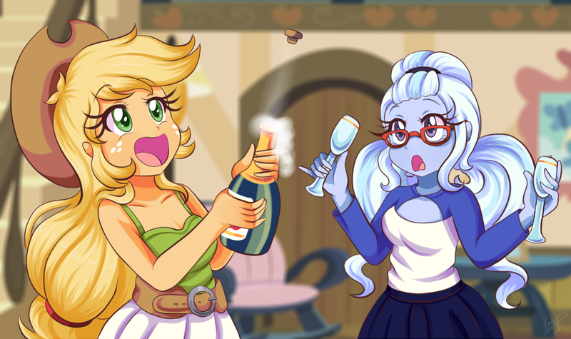Size: 1380x820 | Tagged: safe, artist:lucy-tan, derpibooru import, applejack, sugarcoat, equestria girls, anime, breasts, champagne, cleavage, clothes, cork, cute, duo, jackabetes, open mouth, popping, smiling, sugarcute, tanktop