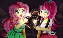 Size: 1380x820 | Tagged: safe, artist:lucy-tan, derpibooru import, fluttershy, sour sweet, equestria girls, anime, breasts, cleavage, clothes, cute, dress, duo, fireworks, grin, looking at you, one eye closed, open mouth, ponytail, shyabetes, smiling, sourbetes, sparkler (firework), wink