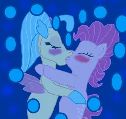 Size: 1300x1224 | Tagged: safe, artist:bigpurplemuppet99, derpibooru import, pinkie pie, princess skystar, seapony (g4), my little pony: the movie, blushing, bubble, eyes closed, female, french kiss, heart, kissing, lesbian, seaponified, seapony pinkie pie, shipping, skypie, species swap, underwater