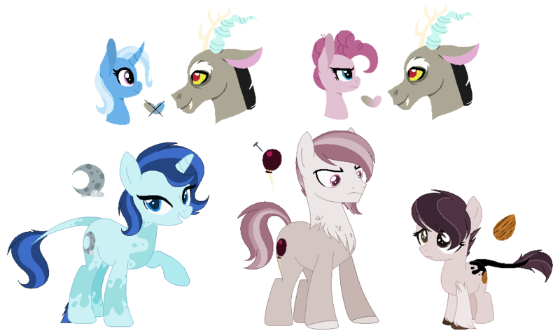 Size: 1086x644 | Tagged: safe, artist:combatleaf, derpibooru import, discord, mean pinkie pie, pinkie pie, trixie, oc, hybrid, the mean 6, clone, discopie, discord gets all the mares, female, interspecies offspring, male, mean discopie, offspring, parent:discord, parent:mean pinkie pie, parent:pinkie pie, parent:trixie, parents:discopie, parents:mean discopie, parents:trixcord, shipping, straight, trixcord