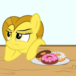 Size: 1440x1440 | Tagged: animated, annoyed, artist:pizzamovies, chocolate, denied, derpibooru import, donut, female, food, gif, goldenmovies, golden star loves donuts, male, oc, oc:golden star, oc:pizzamovies, oc x oc, offscreen character, plate, pushing, safe, shipping, sprinkles, straight, table