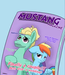 Size: 2321x2699 | Tagged: safe, artist:chedx, derpibooru import, rainbow dash, zephyr breeze, pegasus, pony, commission, cropped, female, gossip, implied wedding, magazine, magazine cover, male, mare, shipping, smiling, stallion, straight, zephdash