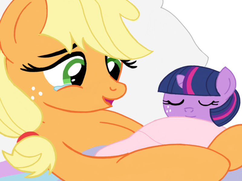 Size: 1024x768 | Tagged: safe, artist:turnaboutart, derpibooru import, applejack, twilight sparkle, earth pony, pony, unicorn, fanfic:mama applejack, age regression, alternate universe, baby, baby pony, base used, bed, crying, female, foal, freckles, hairband, holding a pony, hospital bed, mother and child, mother and daughter, newborn, sleeping, tears of joy