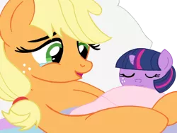 Size: 1024x768 | Tagged: safe, artist:turnaboutart, derpibooru import, applejack, twilight sparkle, earth pony, pony, unicorn, fanfic:mama applejack, age regression, alternate universe, baby, baby pony, base used, bed, crying, female, foal, freckles, hairband, holding a pony, hospital bed, mother and child, mother and daughter, newborn, sleeping, tears of joy