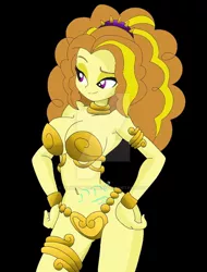 Size: 600x790 | Tagged: dead source, suggestive, artist:rainbowdashx10, derpibooru import, adagio dazzle, genie, equestria girls, absolute cleavage, armor, belly button, bikini, black background, breasts, busty adagio dazzle, cleavage, clothes, deviantart watermark, eyebrows, female, hands on hip, heart, obtrusive watermark, orange hair, purple eyes, sexy, shantae, simple background, slave leia outfit, solo, solo female, stupid sexy adagio dazzle, swimsuit, watermark