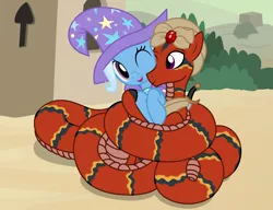 Size: 2660x2048 | Tagged: safe, artist:badumsquish, derpibooru import, trixie, oc, oc:husam, lamia, original species, pony, saddle arabian, unicorn, adventurer, building, cape, clothes, coils, cuddling, desert, duo, female, grin, happy, hat, hug, jewel, male, one eye closed, show accurate, smiling, stripes, sword, swordman, trixie's cape, trixie's hat, turban, village, weapon, wink