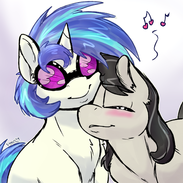 Size: 2000x2000 | Tagged: safe, artist:skoon, derpibooru import, octavia melody, vinyl scratch, earth pony, pony, unicorn, blushing, cuddling, cute, daaaaaaaaaaaw, eyes closed, female, gradient background, gray background, heart, lesbian, mare, music notes, nuzzling, scratchtavia, shipping, simple background, sunglasses, tavibetes, vinylbetes