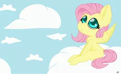 Size: 3320x2048 | Tagged: safe, artist:gblacksnow, derpibooru import, fluttershy, pegasus, pony, chest fluff, cloud, cute, female, looking away, looking up, mare, on a cloud, open mouth, shyabetes, sitting, sky, solo, spread wings, wings