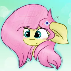 Size: 1000x1000 | Tagged: safe, artist:mlpsportybubbles, derpibooru import, fluttershy, pony, abstract background, blushing, bust, female, floppy ears, flower, flower in hair, mare, portrait, solo, three quarter view