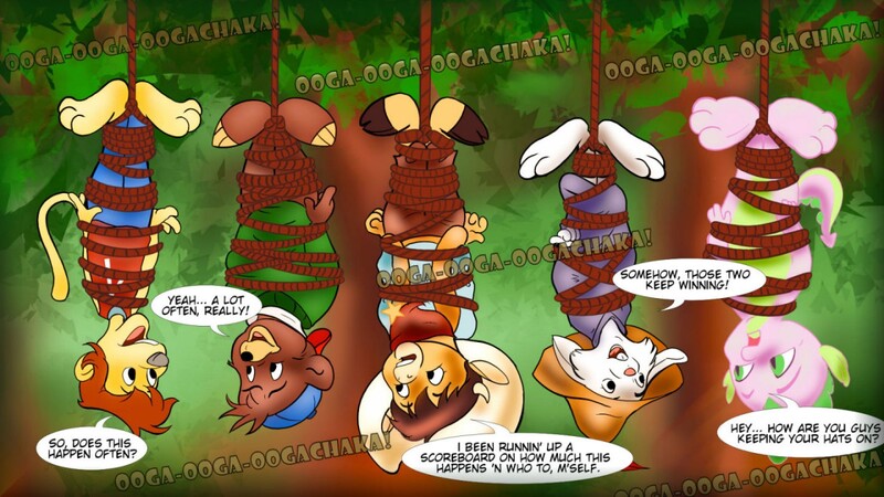 Size: 1280x720 | Tagged: artist:esteban, cody calf, commission, conversation, crossover, derpibooru import, forest, hanging, kit cloudkicker, lionheart, moo mesa, musical reference, robin hood, safe, sidekick, skippy, speech, speech bubble, spencer, spike, talespin, talking, upside down