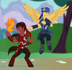 Size: 2958x2862 | Tagged: safe, artist:pyrus-leonidas, derpibooru import, flash sentry, ponified, dragon, earth pony, pegasus, pony, series:mortal kombat:defenders of equestria, bipedal, boots, bush, clothes, crossover, fire, flying, headband, liu kang, male, martial arts, mortal kombat, pants, raised hoof, robe, shoes, spread wings, stallion, tree, wings