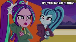 Size: 640x357 | Tagged: safe, derpibooru import, edit, edited screencap, screencap, aria blaze, sonata dusk, equestria girls, rainbow rocks, angry, anime, caption, dragon ball z, dragonball, duo, fajita, grammar error, image macro, latin american, mexican, mexican food, mexico, pigtails, ponytail, text, vegeta