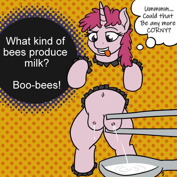 Size: 1200x1200 | Tagged: questionable, artist:mkogwheel, derpibooru import, ponified, pony, big crotchboobs, breast milk, chopsticks, corny, corny joke, crotchboobs, female, funny porn, huge crotchboobs, lactation, mare, milk, nipples, no exceptions, nudity, pun, spoon