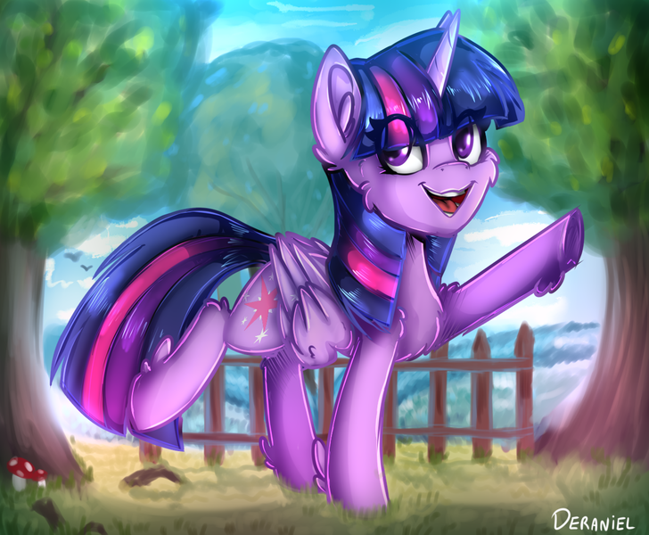 Size: 1254x1033 | Tagged: safe, artist:deraniel, derpibooru import, twilight sparkle, twilight sparkle (alicorn), alicorn, pony, cheek fluff, chest fluff, cute, do the sparkle, ear fluff, eye clipping through hair, leg fluff, mushroom, open mouth, solo, tree, twiabetes, underhoof, wing fluff