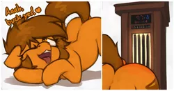 Size: 1663x877 | Tagged: suggestive, artist:marsminer, derpibooru import, oc, oc:venus spring, unofficial characters only, pony, unicorn, ahegao, bait and switch, female, heat, heater, mare, open mouth, raised tail, solo, tail, tongue out, venus spring actually having a pretty good time