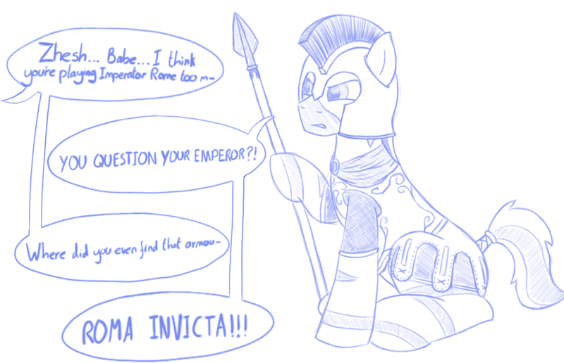 Size: 1018x657 | Tagged: safe, artist:calandorhythm, derpibooru import, oc, oc:zh3sh1re, pony, armor, dialogue, imperator rome, latin, lineart, paradox interactive, roma invicta, roman, sketch, spear, speech, speech bubble, tail, talking, weapon