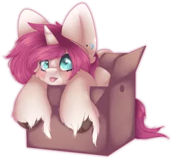 Size: 719x666 | Tagged: safe, artist:munxii, derpibooru import, oc, oc:tarot, unofficial characters only, classical unicorn, pony, unicorn, :p, big ears, box, cloven hooves, cute, ear piercing, female, floppy ears, horn, leonine tail, looking up, mare, piercing, pony in a box, silly, simple background, tongue out, transparent background, unshorn fetlocks