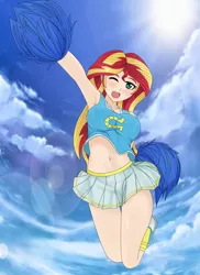 Size: 1134x1559 | Tagged: adorasexy, armpits, artist:anonix123, belly button, breasts, busty sunset shimmer, cheerleader, clothes, cloud, cute, derpibooru import, female, human, humanized, midriff, one eye closed, open mouth, pom pom, safe, sexy, shoes, skirt, sky, socks, solo, sunset shimmer, wink